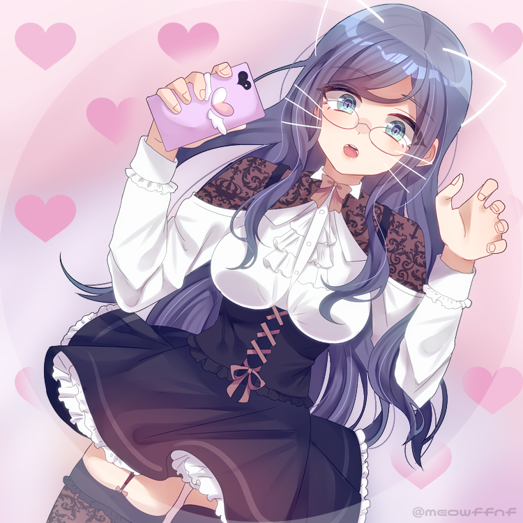 1girl, animal_ears, bangs, black_skirt, blue_eyes, blue_hair, breasts, breasts_apart