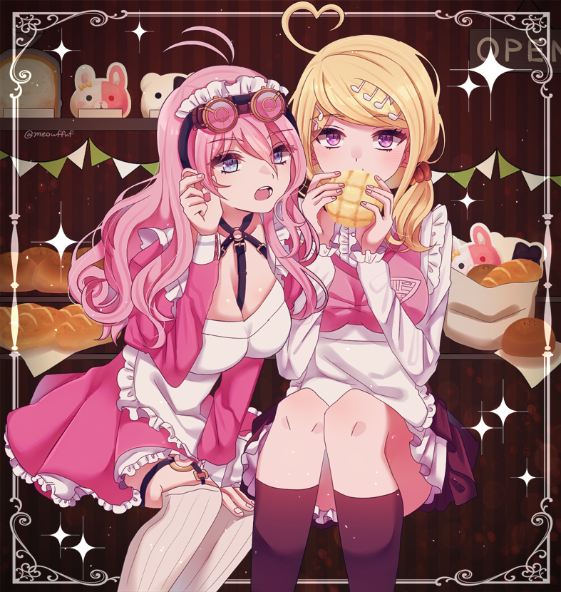 2girls, ahoge, akamatsu_kaede, antenna_hair, apron, bangs, between_legs, black_legwear, blonde_hair, blue_eyes, breasts, brown_skirt, cleavage, dangan_ronpa, eyebrows_visible_through_hair, food, frilled_apron, frilled_skirt, frills, goggles, goggles_on_head, hair_between_eyes, hair_ornament, hair_over_shoulder, hair_scrunchie, hand_between_legs, heart_ahoge, holding, holding_food, invisible_chair, iruma_miu, kneehighs, large_breasts, layered_skirt, long_hair, long_sleeves, looking_at_viewer, monokuma, monomi_(dangan_ronpa), multiple_girls, musical_note_hair_ornament, nekoshin_kagari, new_dangan_ronpa_v3, open_mouth, orange_scrunchie, pink_hair, pink_skirt, pink_vest, pleated_skirt, ribbed_legwear, scrunchie, shirt, sitting, skirt, striped, striped_background, sweater_vest, swept_bangs, twitter_username, vest, violet_eyes, waist_apron, white_apron, white_legwear, white_shirt