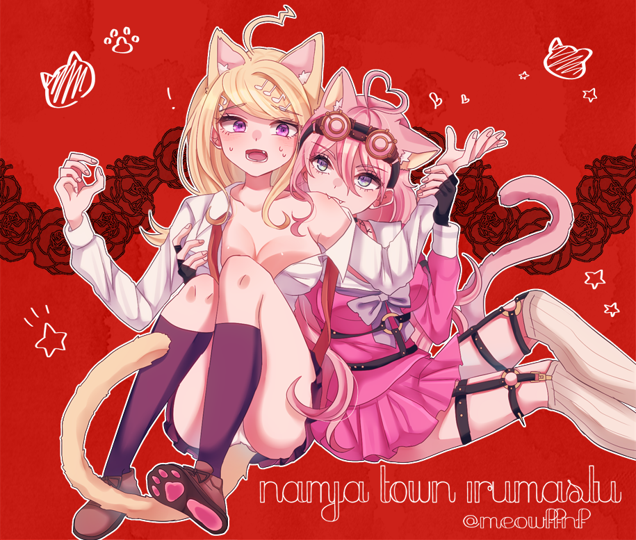 2girls, ahoge, akamatsu_kaede, animal_ears, bangs, black_gloves, blonde_hair, blue_eyes, bow, breast_grab, breasts, cat_ears, cat_tail, cleavage, collarbone, dangan_ronpa, dress_shirt, fangs_out, fingerless_gloves, gloves, grabbing, grey_bow, grey_neckwear, heart_ahoge, iruma_miu, kneehighs, long_hair, medium_breasts, miniskirt, multiple_girls, musical_note_hair_ornament, nekoshin_kagari, new_dangan_ronpa_v3, open_clothes, open_mouth, open_shirt, panties, pantyshot, pantyshot_(sitting), pink_shirt, pink_skirt, pleated_skirt, purple_legwear, purple_skirt, red_background, ribbed_legwear, sailor_collar, shirt, sitting, skirt, sweatdrop, swept_bangs, tail, thigh_strap, twitter_username, underwear, violet_eyes, white_legwear, white_panties, white_sailor_collar, white_shirt, wing_collar, wrist_grab