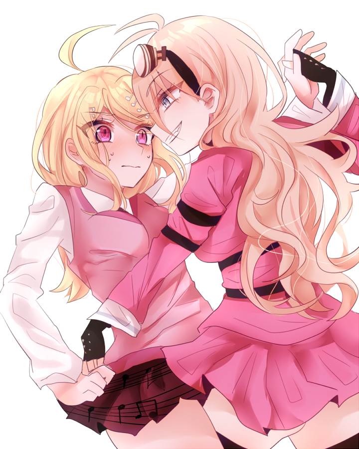 2girls, ahoge, akamatsu_kaede, antenna_hair, bangs, black_gloves, black_legwear, blonde_hair