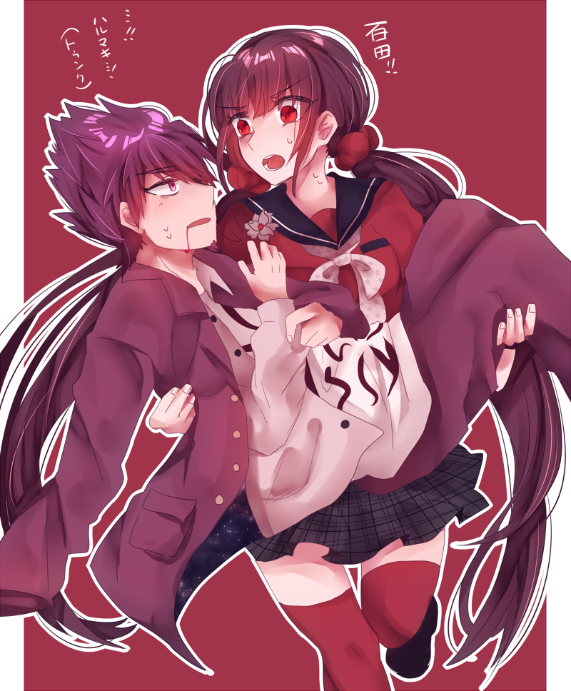 1boy, 1girl, bangs, bear, black_footwear, black_skirt, blood, blood_from_mouth