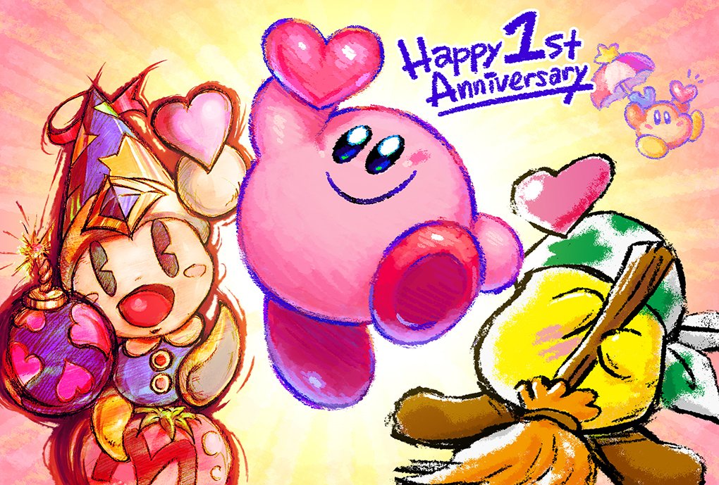 4others, anniversary, bandanna, black_eyes, blue_eyes, blush_stickers, bomb, broom, broom_hatter, commentary_request, english_text, faceless, floating, food, hal_laboratory_inc., hat, heart, hoshi_no_kirby, kirby, kirby:_star_allies, kirby_(series), maxim_tomato, nintendo, no_humans, official_art, open_mouth, parasol, poppy_bros_jr, smile, umbrella, waddle_dee