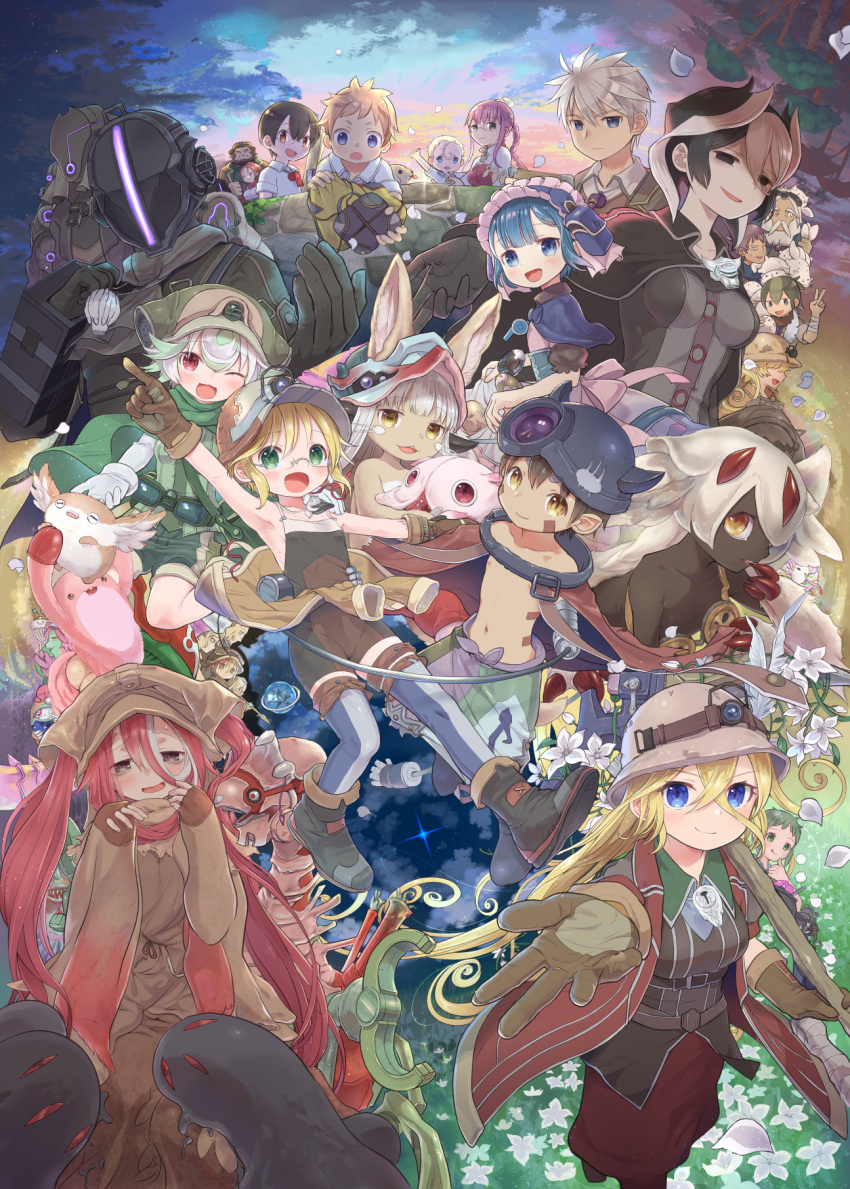 :3, animal_ears, armpits, black_hair, blonde_hair, blue_eyes, blue_hair, bondrewd, character_request, dark_skin, dark_skinned_male, everyone, faputa, flower, furry, glasses, gloves, habolg_(made_in_abyss), hat, helmet, highres, jiruo_(made_in_abyss), kiyui_(made_in_abyss), lafy_(made_in_abyss), long_hair, lyza, made_in_abyss, maid_headdress, maruruk, mechanical_arm, mio_(made_in_abyss), mitty_(made_in_abyss), multicolored_hair, nade, nanachi_(made_in_abyss), natt_(made_in_abyss), neritantan, ozen, pink_hair, pointing, prushka, redhead, regu_(made_in_abyss), riko_(made_in_abyss), shiggy_(made_in_abyss), shirtless, short_hair, sky, solid_eyes, trap, two-tone_hair, v, veko, whiskers, white_hair, yellow_eyes