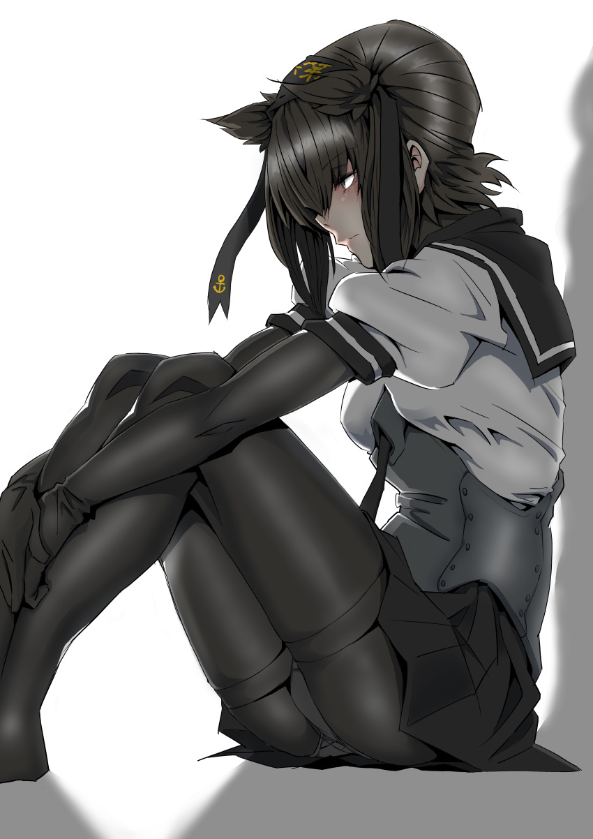 1girl, absurdres, arms_on_knees, black_neckwear, black_skirt, bodysuit, breasts, brown_hair