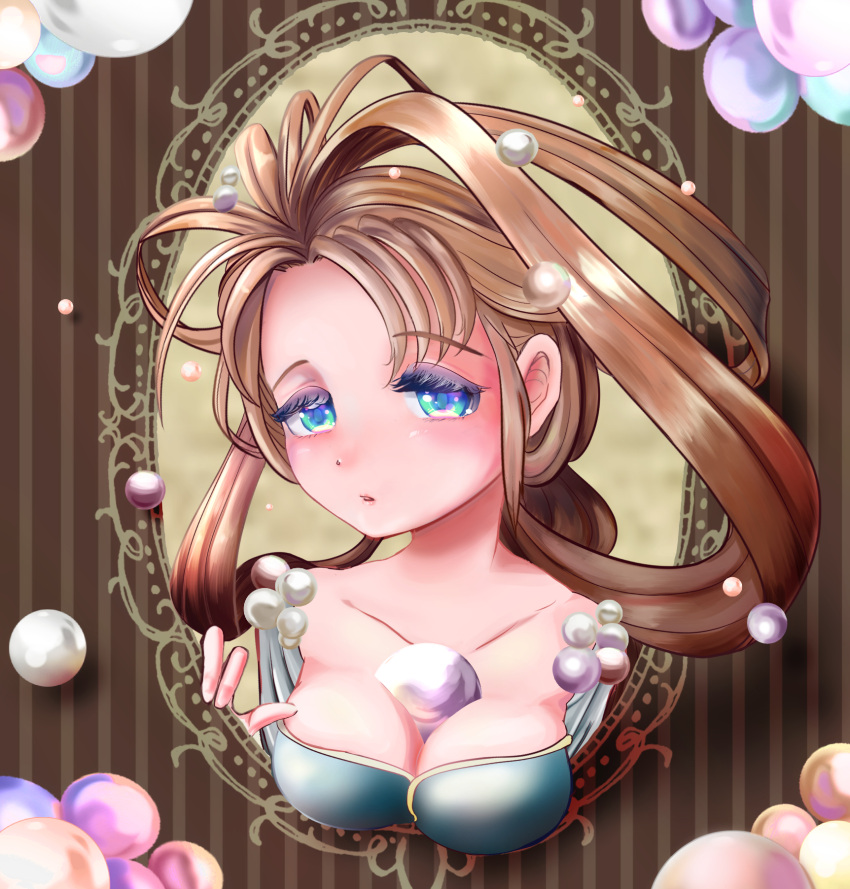1girl, antenna_hair, blue_dress, blue_eyes, breasts, brooch, cleavage, close-up, closed_mouth, collarbone, dress, ears, eyebrows, eyebrows_visible_through_hair, eyelashes, face, gem, highres, jewelry, lady_pearl, large_breasts, legend_of_mana, light_brown_hair, long_hair, looking_at_viewer, medium_breasts, neck, onigirigoburin, parted_lips, pearl_(gemstone), princess, profile, seiken_densetsu, solo, solo_focus, upper_body