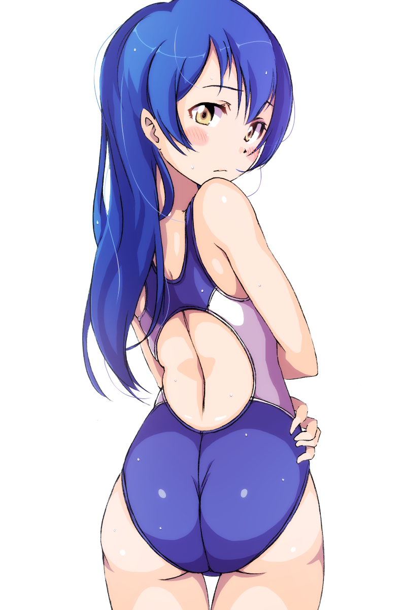 1girl, ass, bangs, blue_hair, blue_swimsuit, blush, competition_swimsuit, cowboy_shot