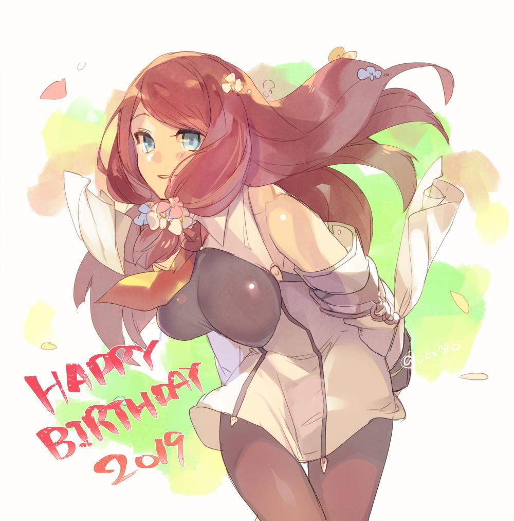 1girl, 2019, alternate_costume, arms_behind_back, bare_shoulders, birthday, blazblue, blue_eyes, blush, breasts, cowboy_shot, english_text, flower, hair_flower, hair_ornament, hair_tubes, happy_birthday, hyakuhachi_(over3), it, leaning_forward, leggings, long_hair, looking_at_viewer, medium_breasts, necktie, simple_background, solo, standing, tsubaki_yayoi, uniform