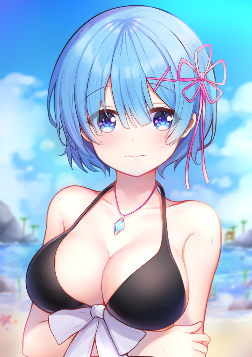 1girl, absurdres, arm_support, bare_shoulders, beach, black_bikini_top, blue_eyes, blue_hair