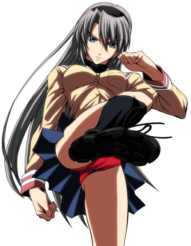 buruma, clannad, face, fumei, hairband, imizu_(nitro_unknown), kick, kicking, long_hair, long_sleeves, panties, pantyshot, red_panties, sakagami_tomoyo, school_uniform, silver_hair, simple_background, skirt, solo, underwear
