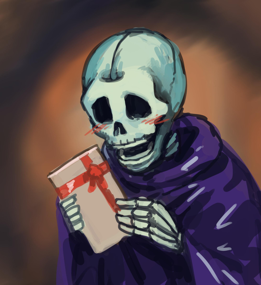 blush, chanta_(ayatakaoisii), duel_monster, gift, happy, highres, holding, holding_gift, no_humans, pun, purple_robe, robe, skeleton, skull_servant, white_day, yuu-gi-ou