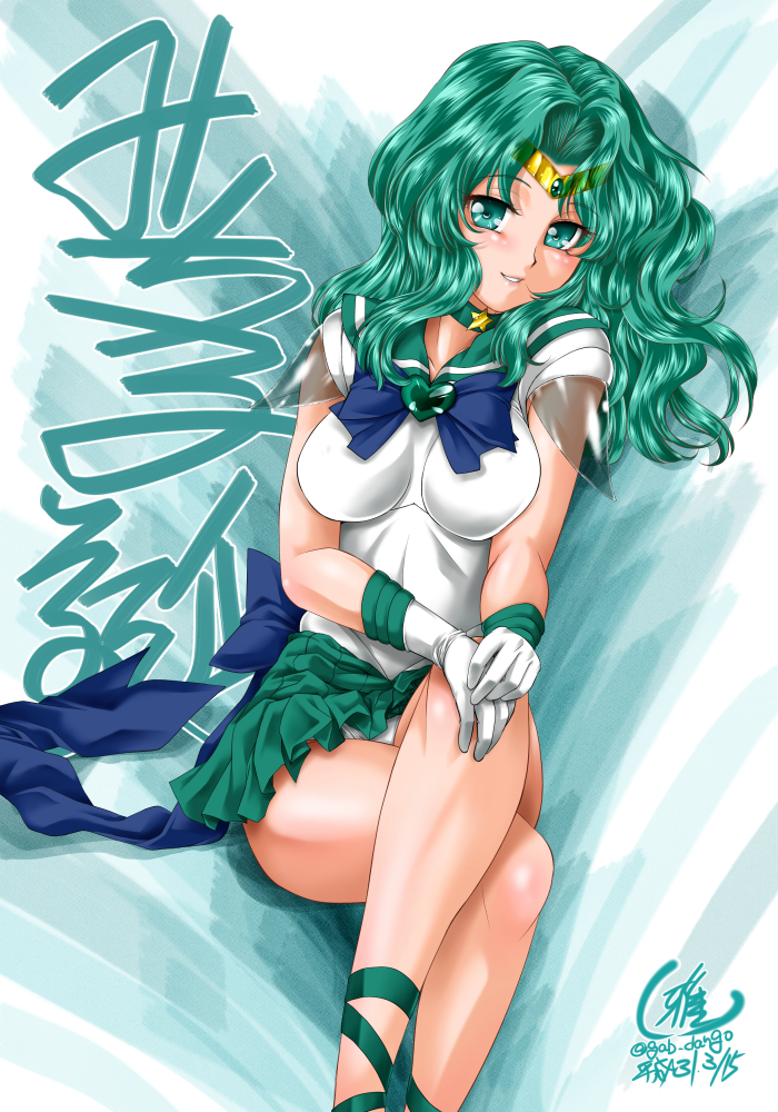 1girl, aqua_choker, aqua_eyes, aqua_footwear, aqua_hair, aqua_skirt, back_bow, bangs, bare_legs, bishoujo_senshi_sailor_moon, blue_bow, blush, bow, bowtie, breasts, choker, dated, dress, elbow_gloves, eyebrows_visible_through_hair, female, gabri-l, gloves, heart, invisible_chair, jewelry, kaiou_michiru, legs, legs_crossed, long_hair, looking_at_viewer, magical_girl, medium_breasts, necklace, panties, pantyshot, parted_bangs, parted_lips, pleated_skirt, sailor_neptune, sailor_senshi_uniform, see-through, short_dress, signature, simple_background, sitting, skirt, smile, solo, star, star_necklace, super_sailor_neptune, tiara, white_dress, white_gloves