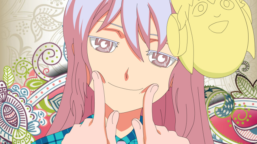 1girl, commentary_request, dress_shirt, forced_smile, hata_no_kokoro, highres, jitome, looking_at_viewer