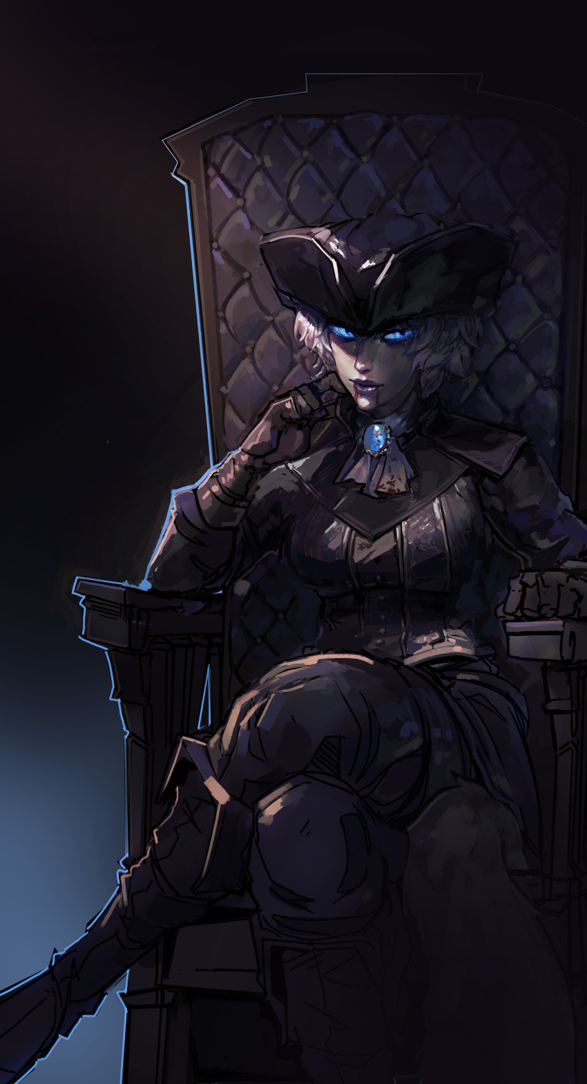 1girl, absurdres, black_gloves, blood, blood_from_mouth, bloodborne, blue_eyes, breasts