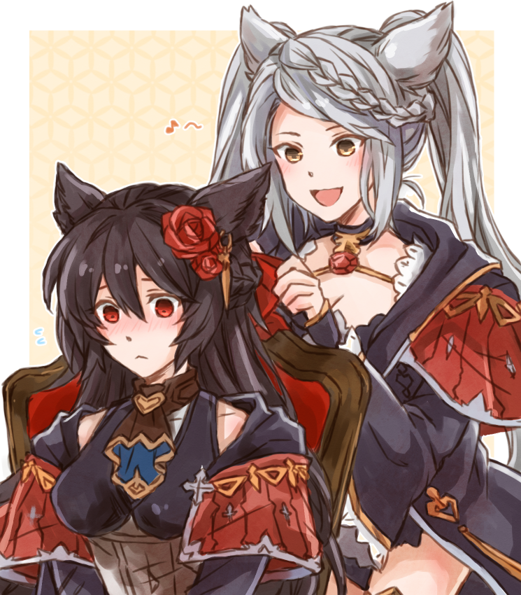 2girls, adjusting_another's_hair, bangs, black_hair, blush, chair, choker, flower