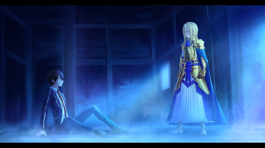 1boy, 1girl, absurdres, alice_schuberg, are_you_my_master, armor, armored_boots, armored_dress