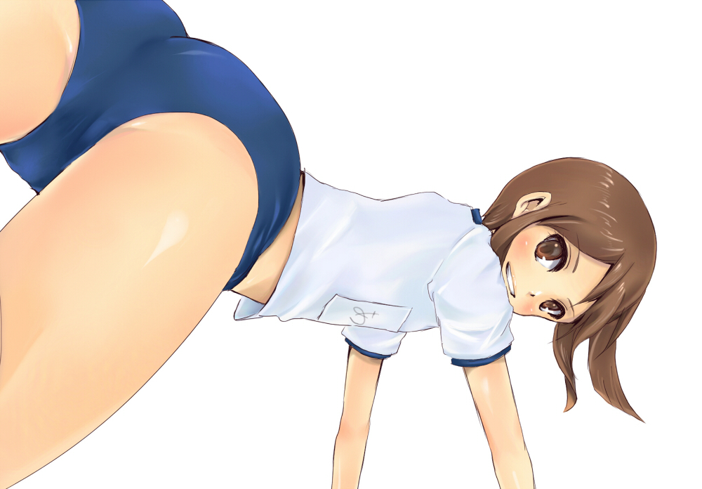 1boy, all_fours, ass, azami, blush, brown_eyes, brown_hair, buruma
