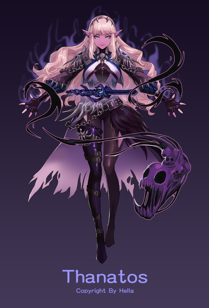 1girl, belt, belt_buckle, black_gloves, blonde_hair, buckle, chains, closed_mouth
