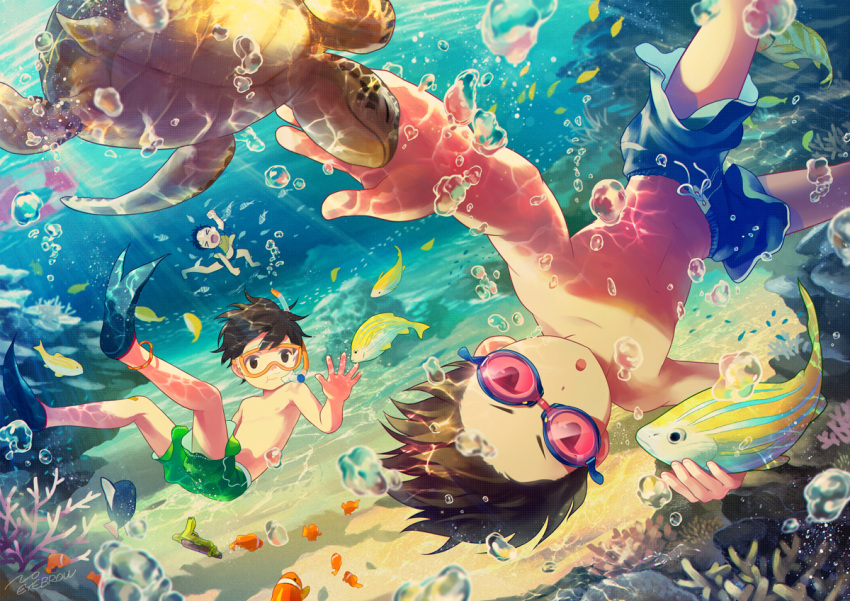 >o<, 3boys, air_bubble, animal, blue_hair, brown_eyes, brown_hair, bubble