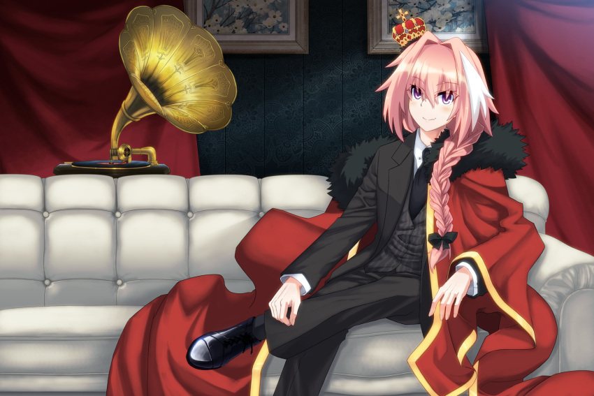 1boy, alternate_costume, astolfo_(fate), black_bow, black_pants, black_ribbon, black_vest, blush