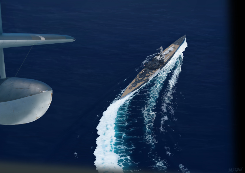aa_gun, aircraft, battlecruiser, cannon, commentary_request, day, flag, from_above