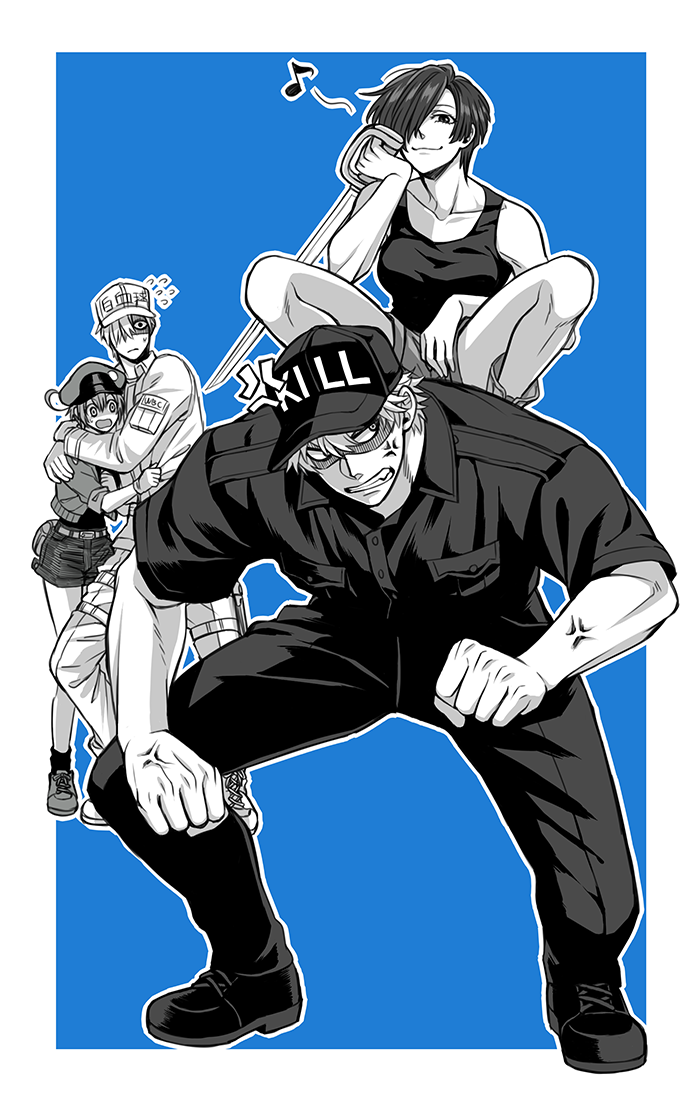2boys, 2girls, ae-3803, ahoge, anger_vein, baseball_cap, belt, belt_pouch