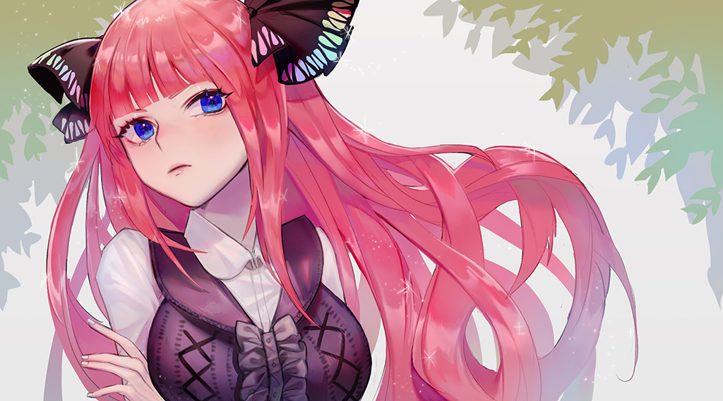 1girl, bangs, blue_eyes, blunt_bangs, breasts, closed_mouth, collared_shirt, commentary_request