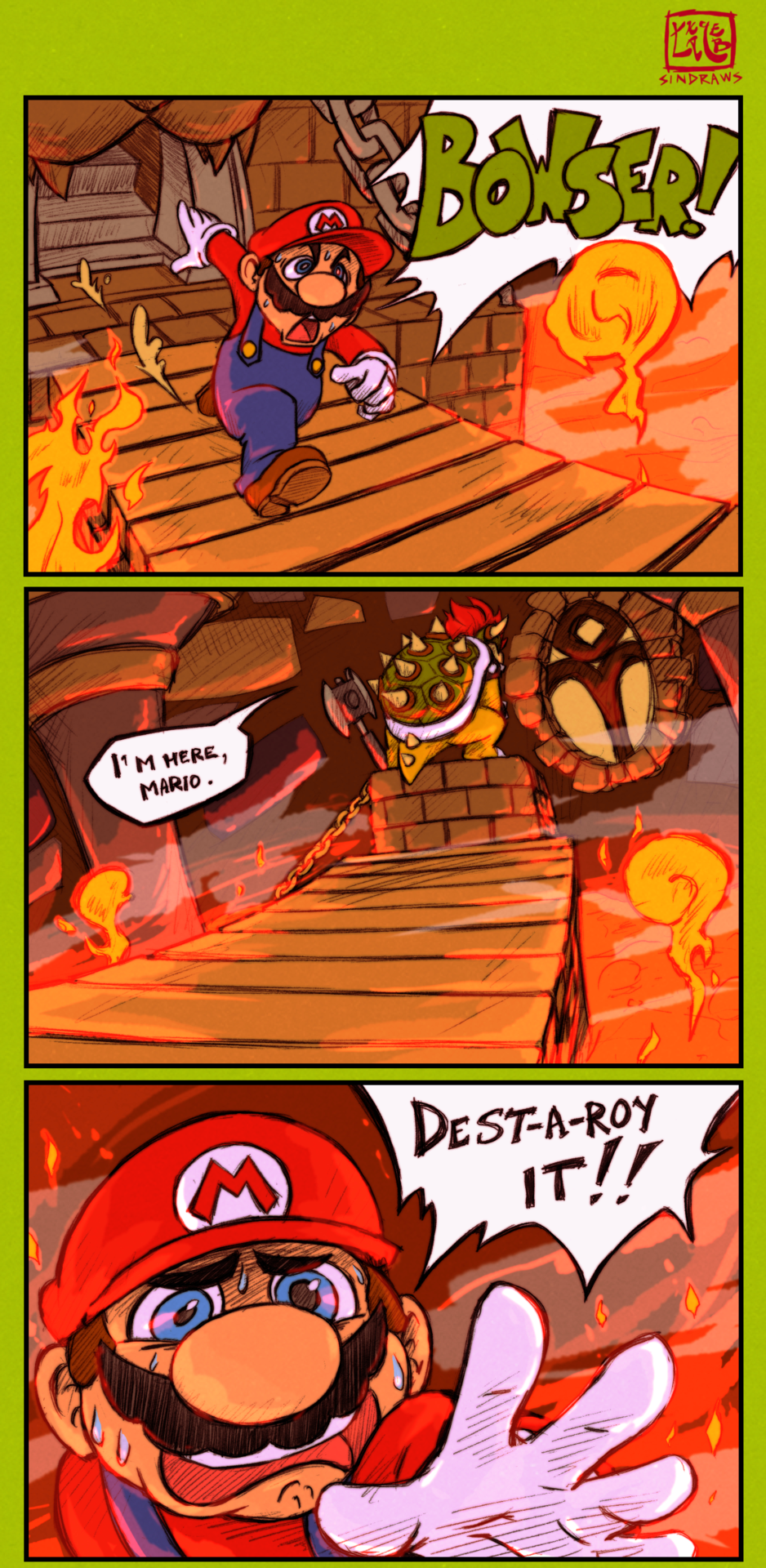 bowser, brown_hair, comic, commentary, english_commentary, english_text, facial_hair, highres