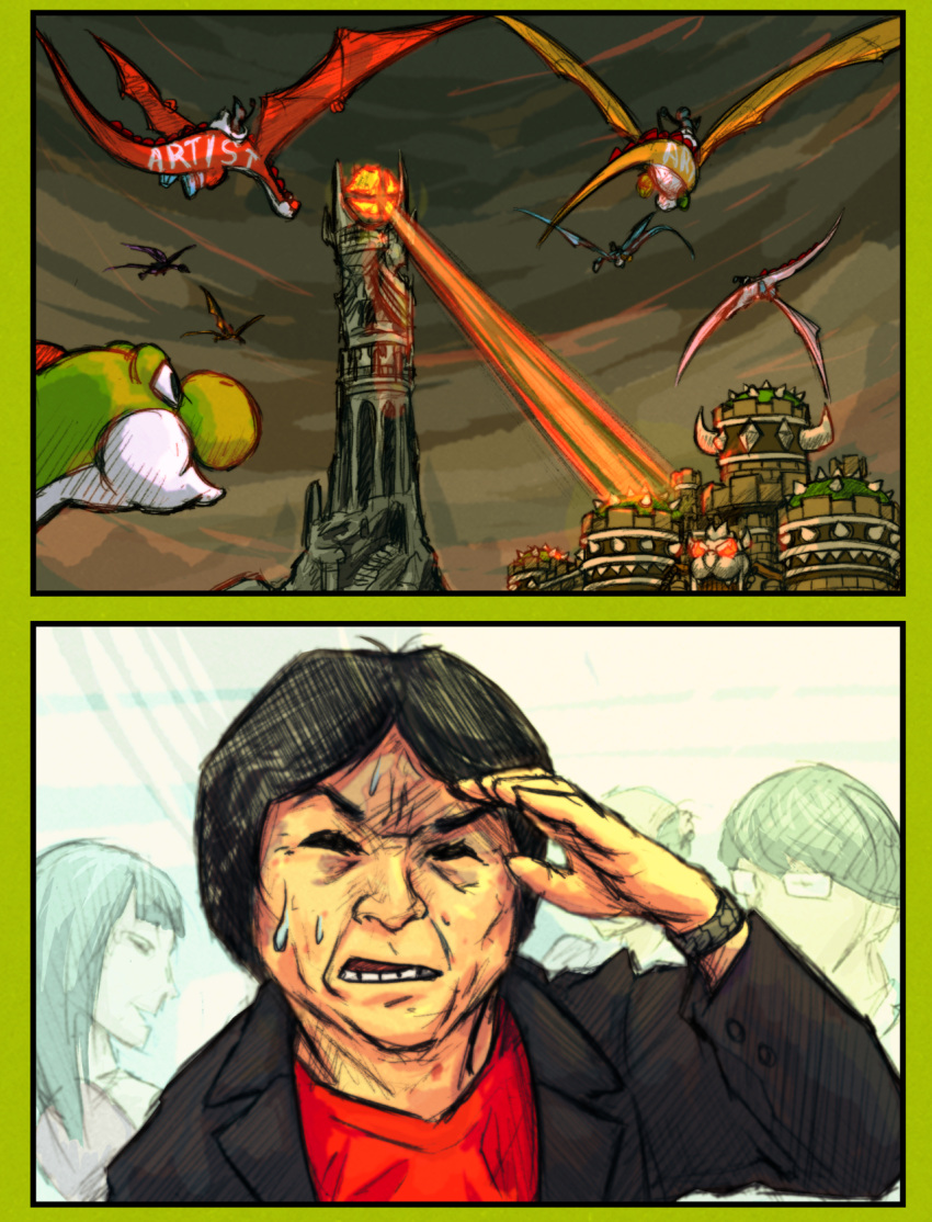 black_hair, comic, commentary, english_commentary, english_text, highres, lord_of_the_rings, super_mario_bros.
