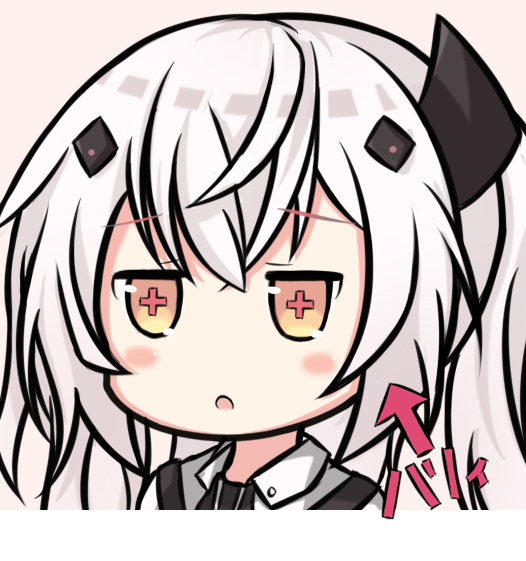 +_+, 1girl, :o, bangs, blush, brown_background, brown_eyes, collared_shirt, directional_arrow, eyebrows_visible_through_hair, hair_between_eyes, hair_ornament, long_hair, looking_at_viewer, nagato-chan, parted_lips, paryi_(vtuber), paryi_project, portrait, shirt, sidelocks, silver_hair, simple_background, solo, translation_request, virtual_youtuber, white_shirt