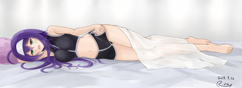 1girl, barefoot, blanket, blue_hair, breasts, dated, fire_emblem, fire_emblem:_souen_no_kiseki, full_body, green_eyes, hairband, highres, long_hair, lying, medium_breasts, midriff, navel, nintendo, on_side, open_mouth, ryuusaki_rei, see-through, signature, solo, wayu_(fire_emblem), white_hairband