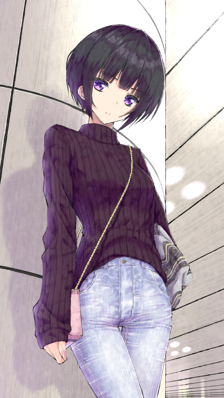1girl, aramachi, bag, bangs, black_hair, black_sweater, blunt_bangs, bob_cut, commentary, denim, expressionless, handbag, highres, idolmaster, idolmaster_cinderella_girls, jeans, light_blue_legwear, long_sleeves, looking_at_viewer, pants, ribbed_sweater, shirayuki_chiyo, short_hair, sleeves_past_wrists, solo, sweater, thigh_gap, turtleneck, turtleneck_sweater, violet_eyes