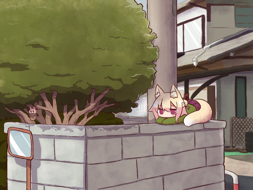 2girls, animal_ear_fluff, animal_ears, bagworm, bangs, blonde_hair, brick_wall, building