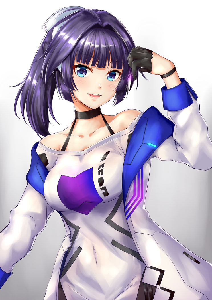 1girl, bangs, black_gloves, blue_eyes, blush, breasts, choker, collarbone