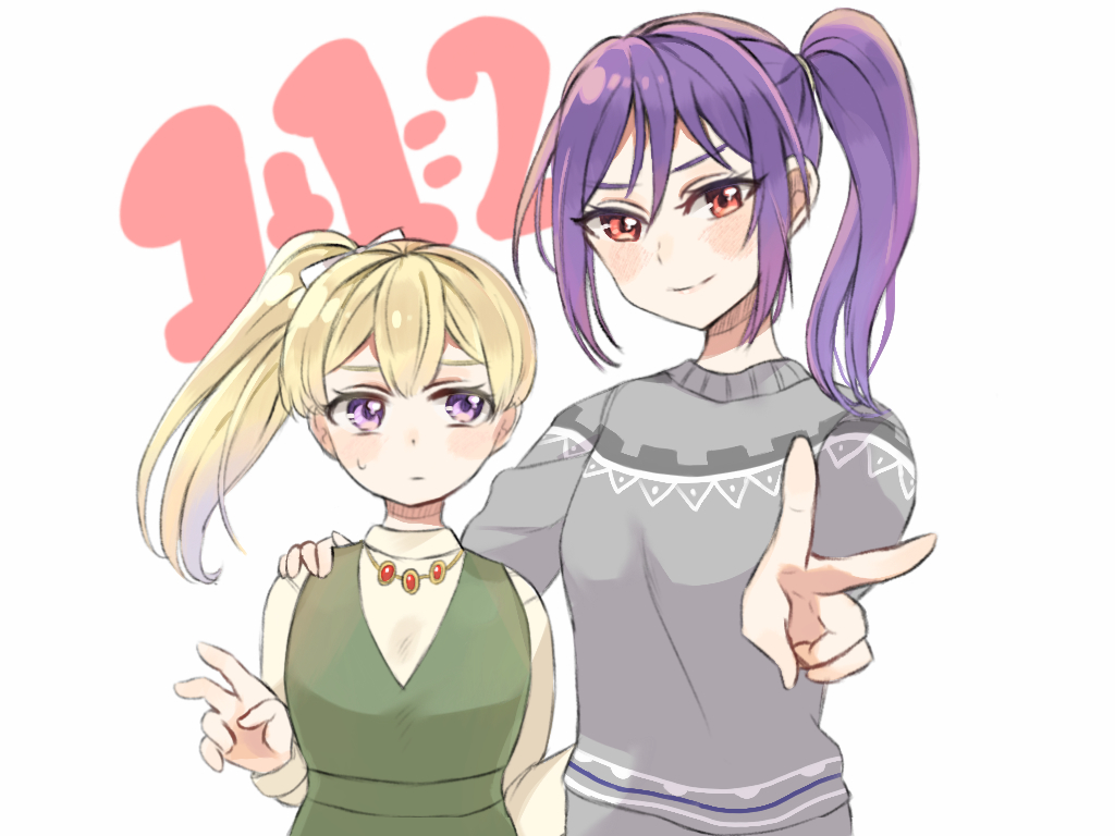2girls, :|, alternate_hairstyle, arm_around_shoulder, bang_dream!, bangs, blush, bow, closed_mouth, dress, grey_shirt, hair_bow, jewelry, looking_at_another, looking_at_viewer, math, matsuda_(0yx38755230263c), multiple_girls, necklace, pinafore_dress, ponytail, purple_hair, red_eyes, seta_kaoru, shirasagi_chisato, shirt, side_ponytail, sidelocks, sweatdrop, sweatshirt, upper_body, v, violet_eyes, white_background, white_bow, white_shirt, yuri