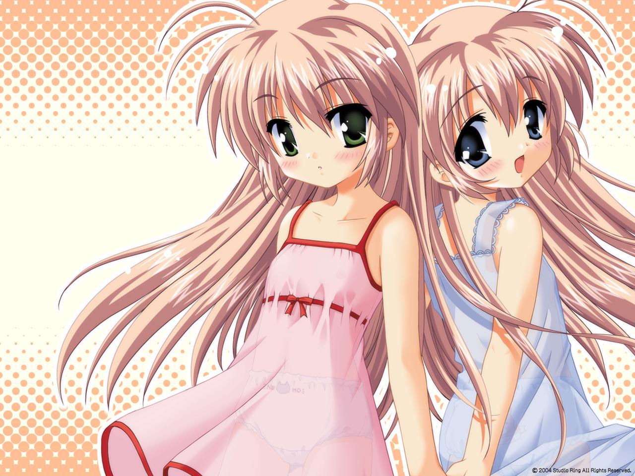 2girls, blue_eyes, brown_hair, green_eyes, hajimete_no_orusuban, loli, long_hair, mizuki_saori