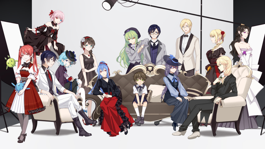 5boys, 6+girls, ada_(honkai_impact), ankle_ribbon, aqua_eyes, ascot, bag, bangs