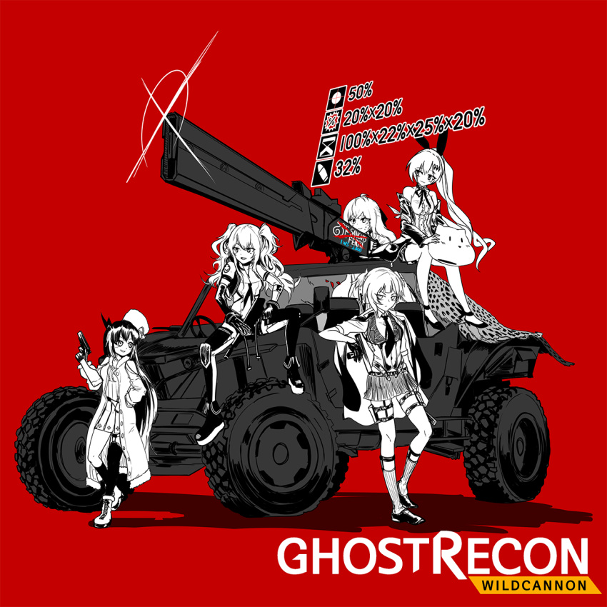 5girls, cannon, copyright_name, english_text, five-seven_(girls_frontline), fur_hat, gameplay_mechanics, ghost_recon:_wildlands, girls_frontline, ground_vehicle, hat, highres, iws-2000_(girls_frontline), jacket_on_shoulders, jeep, m950a_(girls_frontline), madcore, motor_vehicle, multiple_girls, parody, red_background, stechkin_(girls_frontline), stechkin_aps, ushanka, welrod_mk2, welrod_mk2_(girls_frontline), wheel