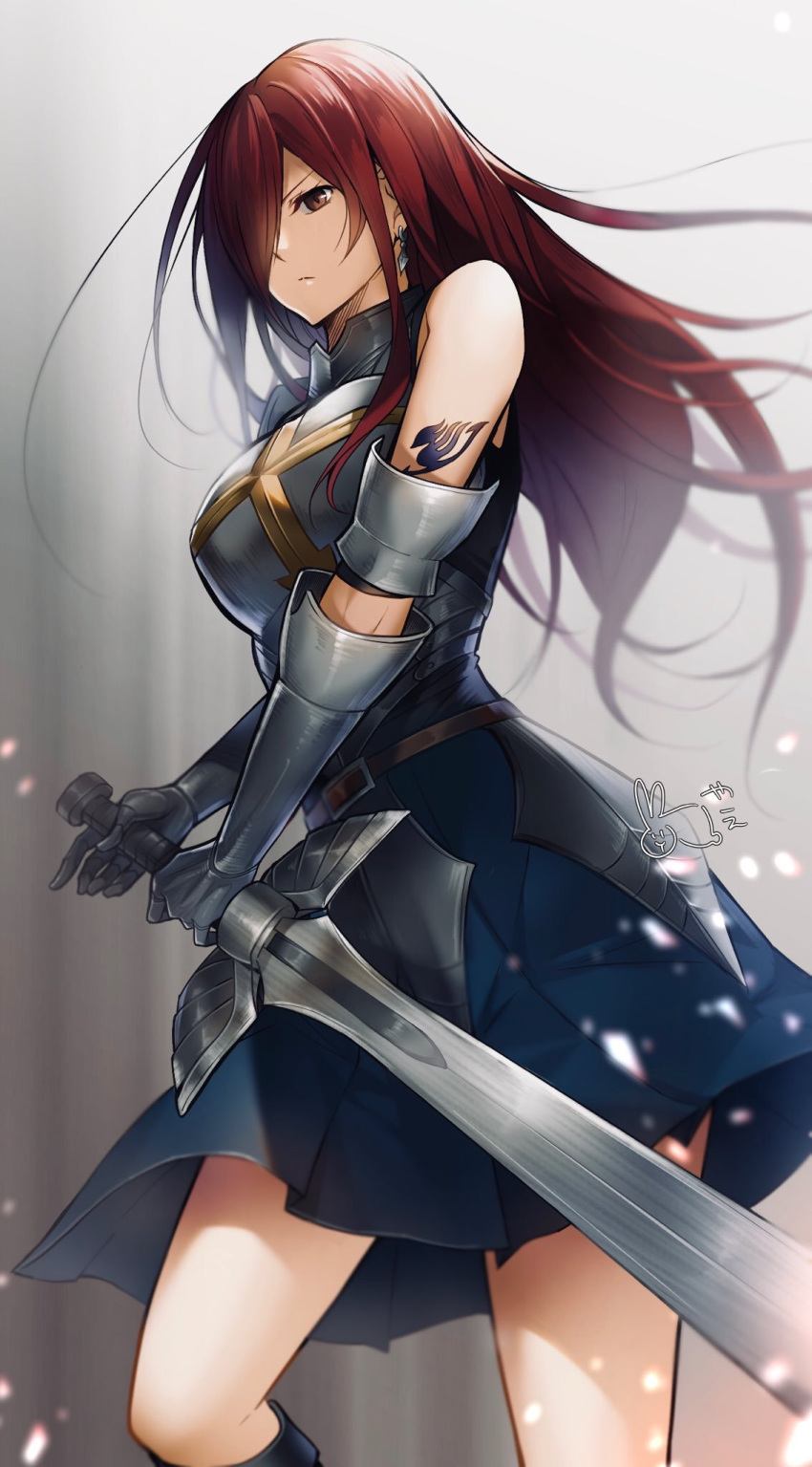 blue_skirt, breastplate, brown_eyes, earrings, erza_scarlet, fairy_tail, faulds, floating_hair, gauntlets, grey_background, hair_over_one_eye, highres, holding, holding_sword, holding_weapon, jewelry, long_hair, miniskirt, pleated_skirt, redhead, skirt, sword, tattoo, very_long_hair, weapon, yae_chitokiya