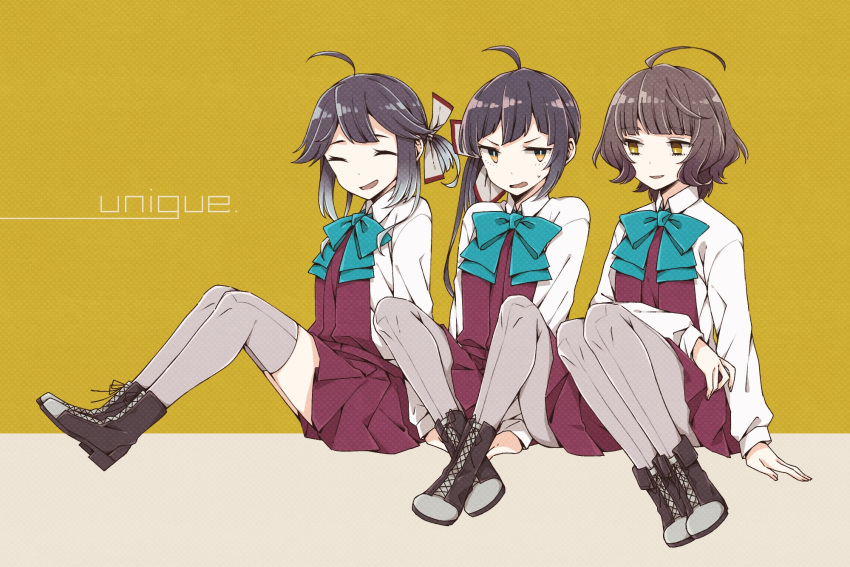 3girls, ahoge, asymmetrical_bangs, bangs, blue_neckwear, blunt_bangs, boots, bow