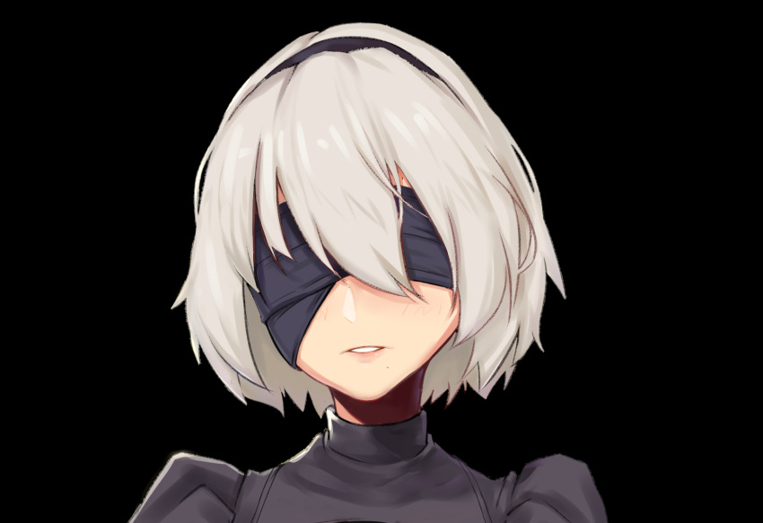 1girl, black_background, black_blindfold, black_dress, black_hairband, blindfold, blush, commentary_request