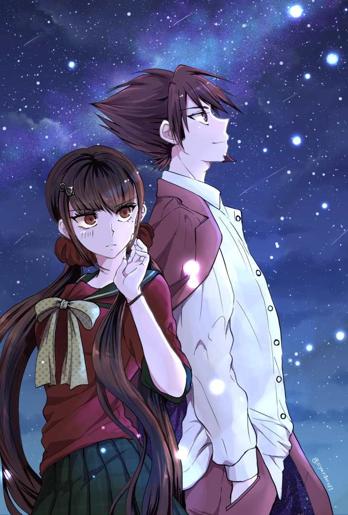 1boy, 1girl, bangs, beard, black_hair, black_skirt, blunt_bangs, blush, dangan_ronpa, eyebrows_visible_through_hair, facial_hair, from_side, goatee, hair_ornament, hairclip, harukawa_maki, jacket, jacket_on_shoulders, long_hair, looking_to_the_side, looking_up, low_twintails, mole, mole_under_eye, momota_kaito, new_dangan_ronpa_v3, night, nyangorobei, outdoors, pants, pleated_skirt, purple_hair, red_eyes, red_scrunchie, red_shirt, ribbon, school_uniform, scrunchie, serafuku, shirt, short_hair, skirt, sky, smile, spiky_hair, star_(sky), starry_sky, twintails, very_long_hair, violet_eyes, wristband