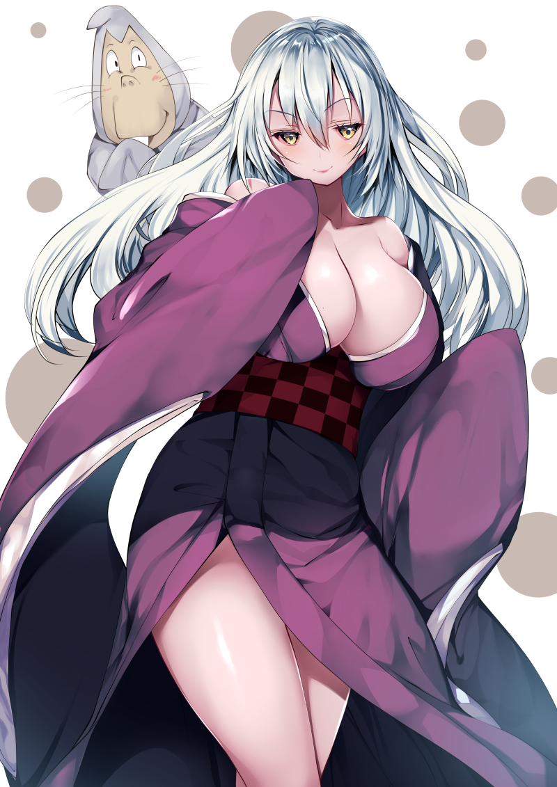 1boy, 1girl, breasts, checkered, checkered_obi, cleavage, closed_mouth, collarbone