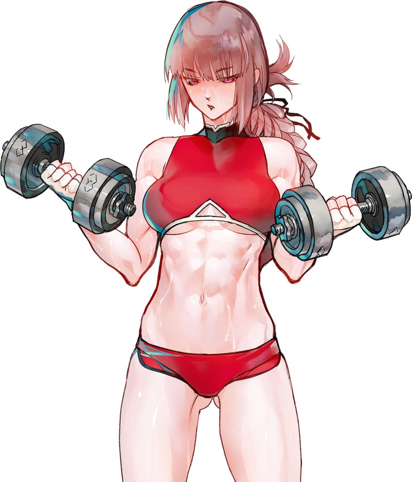 1girl, ass_visible_through_thighs, blush, braid, breasts, buruma, cowboy_shot, dumbbell