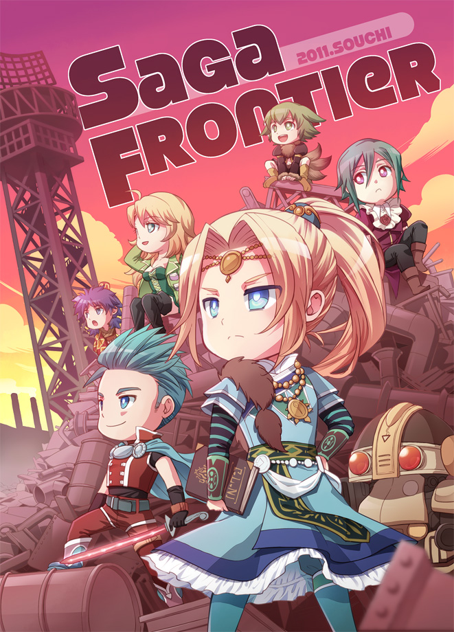 ahoge, androgynous, aqua_eyes, armor, asellus, asellus_(saga_frontier), belt, blonde_hair, blue_(saga_frontier), blue_eyes, blue_hair, book, boots, breasts, cape, cleavage, coon_(saga_frontier), dress, emilia_(saga_frontier), everyone, flower, fur, furry, green_eyes, green_hair, hair_ornament, jewelry, leather, long_hair, lute_(saga_frontier), mecha, medium_breasts, multiple_boys, multiple_girls, muscle, necklace, open_mouth, ponytail, purple_hair, red_(saga_frontier), red_eyes, red_flower, red_rose, riki_(saga), rose, saga, saga_frontier, short_hair, smile, souichi, sword, t260g_(saga), tail, thigh-highs, twintails, violet_eyes, weapon