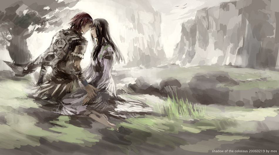 1girl, armor, barefoot, bird, black_hair, closed_eyes, couple, dress
