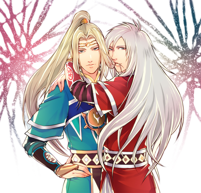2boys, albino, androgynous, arm_guards, beads, blonde_hair, blue_(saga_frontier), blue_eyes