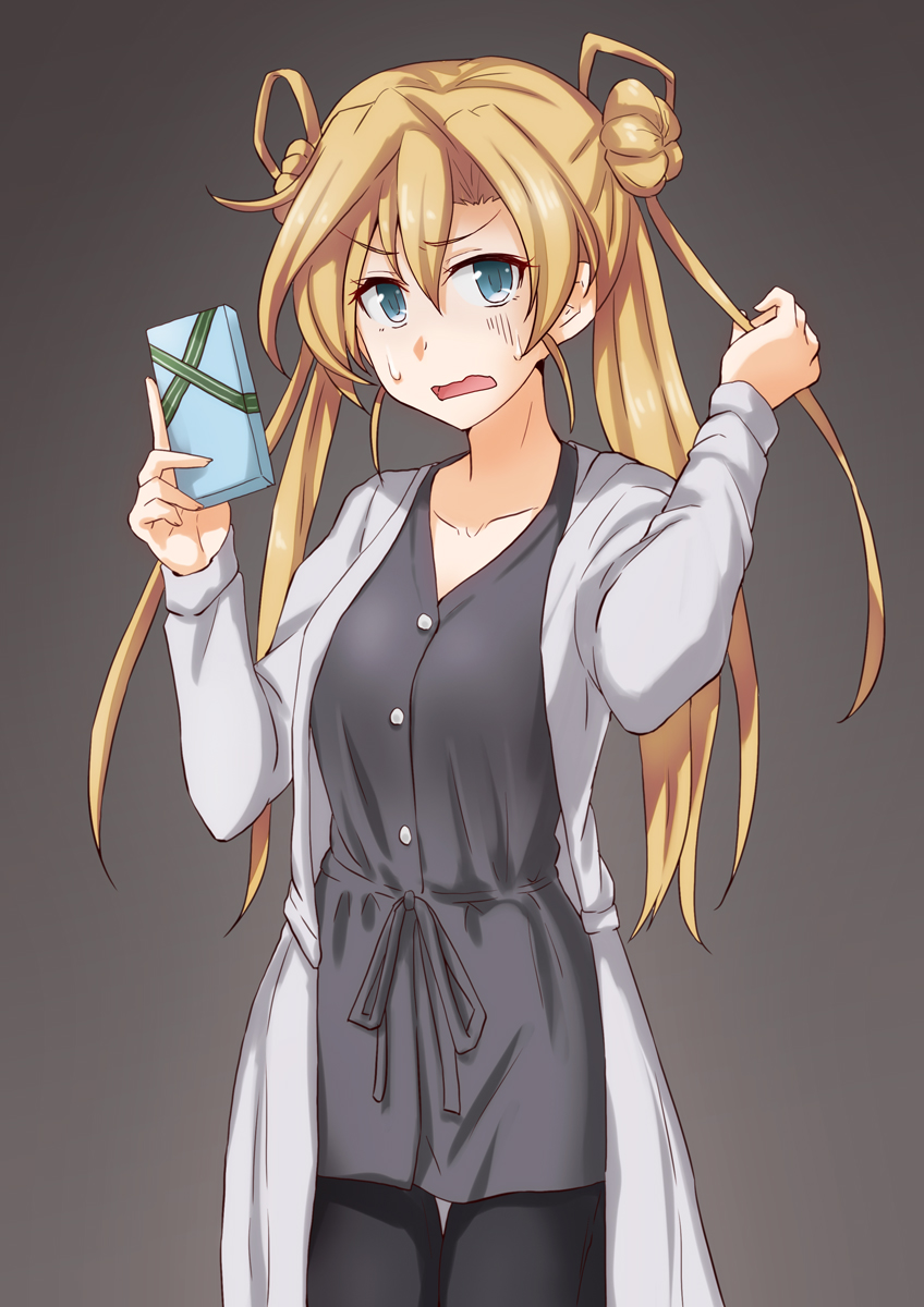 1girl, abukuma_(kantai_collection), alternate_costume, anti_(untea9), black_background, black_dress, black_legwear, blonde_hair