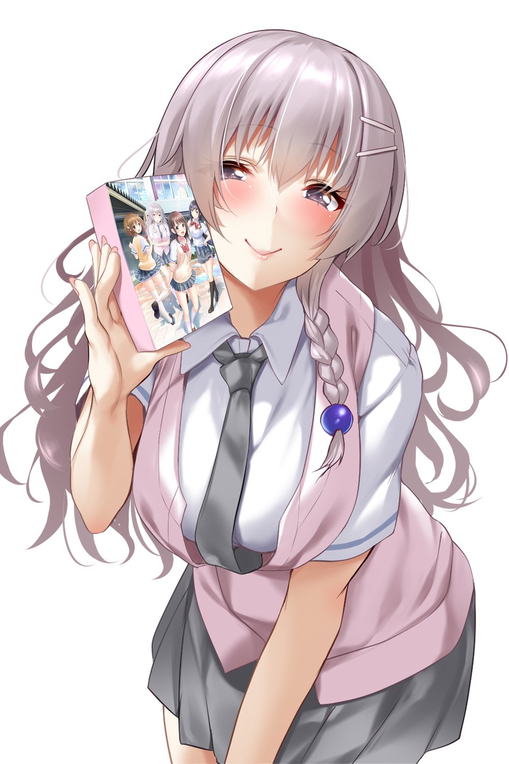 1girl, bangs, beads, blush, braid, breasts, cardigan, eyebrows_visible_through_hair