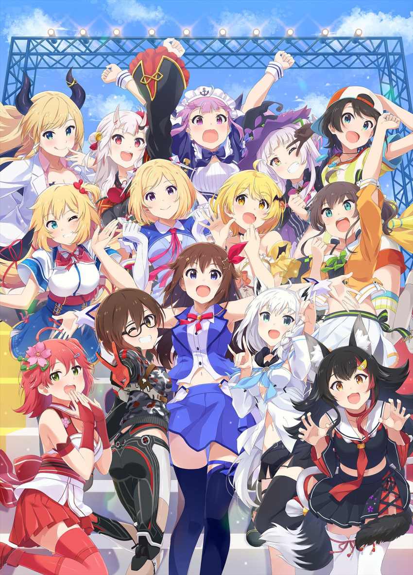 6+girls, ahoge, akai_haato, aki_rosenthal_(character), animal_ears, arm_up, armpits, arms_at_sides