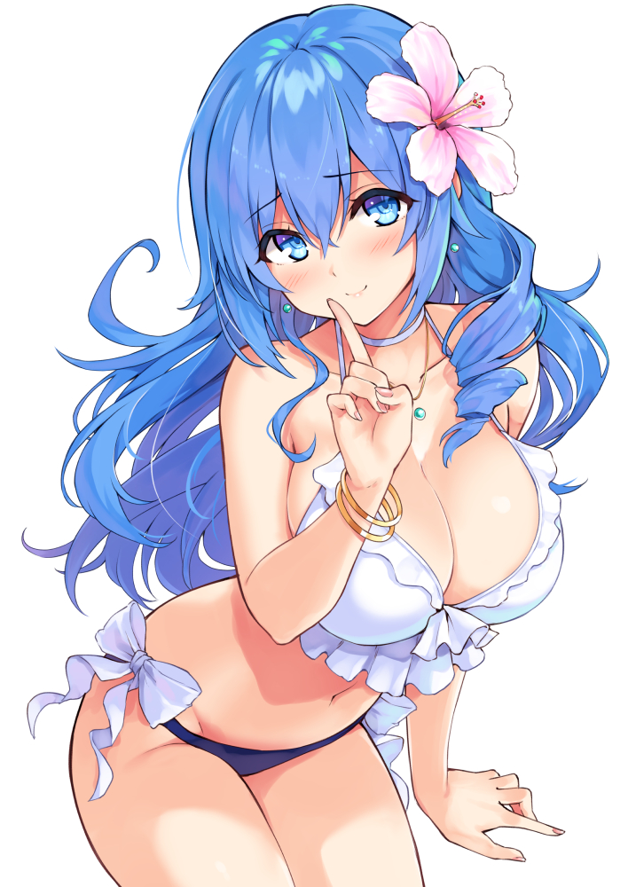 1girl, bangle, bangs, bare_legs, bare_shoulders, bikini, blue_bikini_bottom, blue_eyes